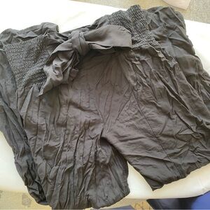 High-Waist Smocked Waistband Wide Leg Pants - Black